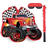 Harrycle Red Truck Piñata of Monster Small Piñata Race Car with Blindfold and Stick for Kids Boys 14.1 x 12.6 x 3.2 Inch Birthday Truck Party Supplies Construction Themed Party Games Decorations