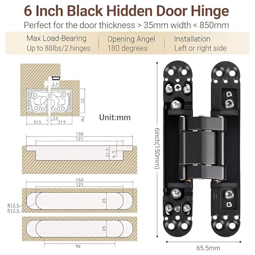 Image of VOLO Pack of 2 Pieces | Heavy Duty 3D Adjustable Concealed Door Hinges | Hidden Hinges for Wooden and Flush Doors, Smooth Alignment Control | Matt Black Finish | 6 Inch (150mm)
