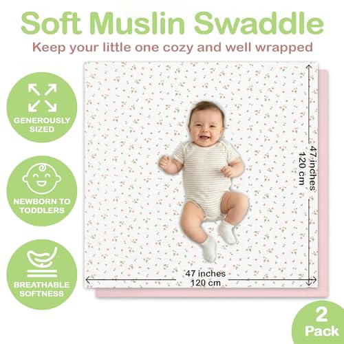 Image of Organic Muslin Baby Blanket 2-Pack Blush & Ivory Floral, 47 x 47 Inch, 100% Organic Cotton Oeko-TEX Certified Hypoallergenic Swaddle Blanket for Newborn Boy, Baby Boy Shower Gift