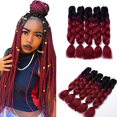 JIAMEISI Two Tone Ombre Jumbo Braid Hair Extension 5Pcs/Lot 100g/pc Kanekalon Fiber for Twist Braiding Hair (Black-Burgundy)