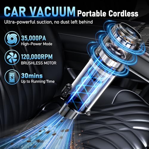 Image of Car Vacuum Portable Cordless, 35000Pa High Power Brushless Motor Handheld Vacuum, 6-in-1 Rechargeable Mini Cleaner with Air Duster for Car, Home, Pet Hair, Keyboard,Graphite Grey