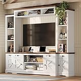 AMERLIFE 98' Farmhouse Wall Unit Entertainment Center with Bookshelves, Wine Cabinet, Fits 75' TVs, Rustic Media Console for Living Room, Large TV Stand with Power Outlets & Barn Door, Off-White