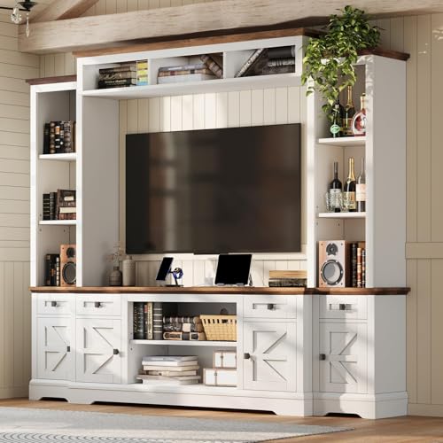 AMERLIFE 98" Farmhouse Wall Unit Entertainment Center with Bookshelves, Wine Cabinet, Fits 75" TVs, Rustic Media Console for Living Room, Large TV Stand with Power Outlets & Barn Door, Off-White