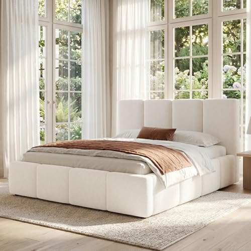 Zravenna Cama tapizada de 160 x 200 cm con somier de láminas y cabecero acolchado grueso, cama doble minimalista para adultos, cama doble para adultos con estructura estable de cama, Bouclé, beige (A