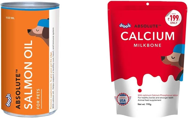 Drools Absolute Salmon Oil Syrup - Dog Supplement, 150 Ml & Absolute Calcium Bone Pouch, 190 G