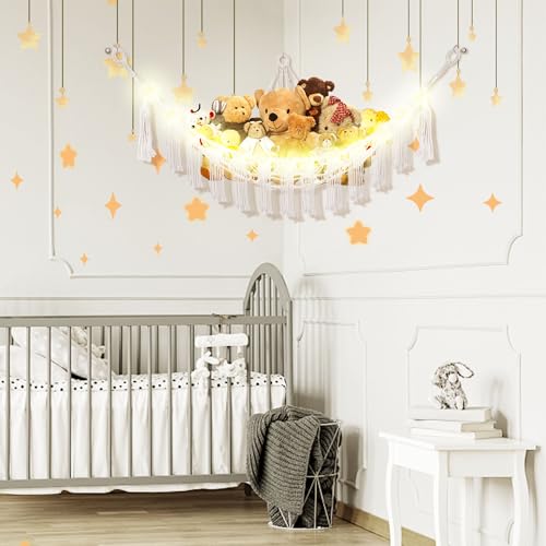 Image of CERETIA Stuffed Animal Hammock with LED Light, Large Stuffed Animals Storage Corner Plushie Net for Kids Room Decor, Jumbo White