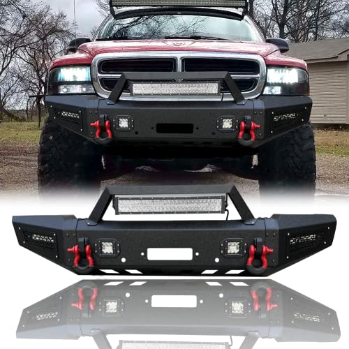 LUYWTE Black Texture Steel New Front Bumper With Winch Plate&LED Lights&Red D-Rings For 1997-2004 Dakota