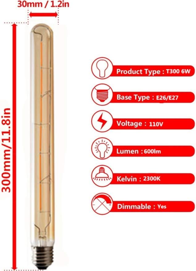 CTKcom T300 LED 6W Dimmable Vintage Edison Light Bulb T300 Long Tube LED Filament Bulb LED Tubular Edison Lights,E26 Medium Base, Warm White 2300K,6 Watt(60W Equivalent),Dimmable,3 Pack (Amber Glass)