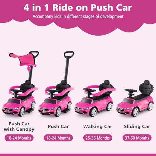 Image of Licensed Mercedes Benz Push Car for Toddlers by INFANS, 3 in 1 Sliding Walking Car with Push Handle, Horn, Music, Underneath Storage, Foot-to-Floor Ride on Toys for Boys Girls, Pink