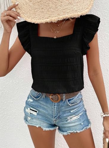 SHEWIN Women's Casual Summer Square Neck Tank Tops Sleeveless Ruffle Chiffon Blouses Top Shirts3