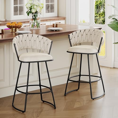 Butacos de Barra Modernos Yongchuang, Set de 2 Unidades, Asiento Grande Tapizado en Terciopelo, Espalda Tejida, Altura para Isla de Cocina, Color Marfil miniatura 3