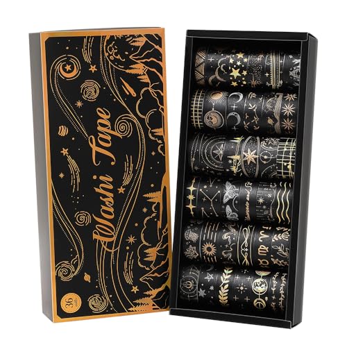 icceemee 36 Rolls Starry Theme Washi Tape Set with Celestial Patterns - Writeable Decorative Tapes for Scrapbooking Junk Journal Supplies Bullet Journaling 0.6 x 79 per Roll