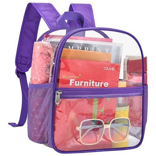 Image of Busiuw Clear Backpack for Stadium Events 12x12x6 Mini Small Sports Fan Backpacks with Front Pocket for Concert Sport Events Work Travel(Purple)