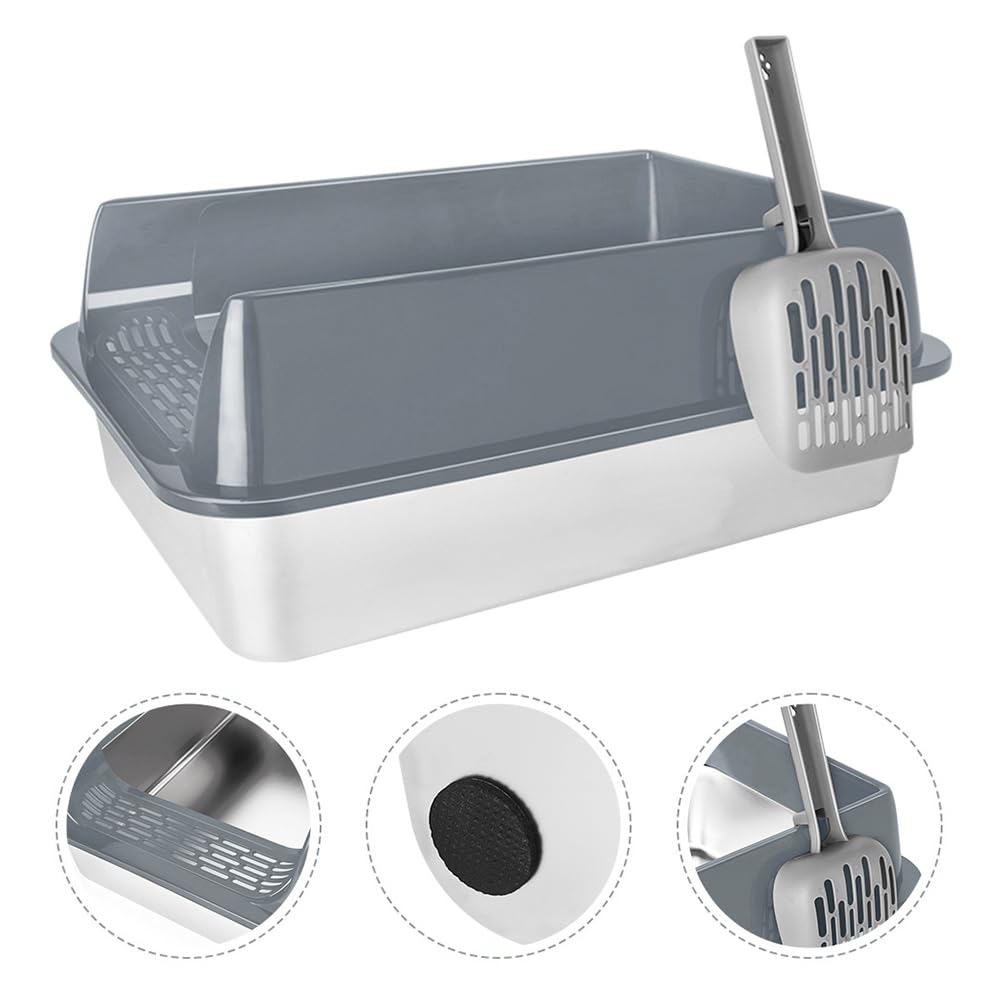 Bac Litiere pour Chat,Grande Litière en Acier Inoxydable pour Chat XXL et Lapins, n'absorbe Pas Les odeurs,Anti-Taches, antirouille, Surface Lisse antiadhésive,avec Pelle (Gris-50 * 35 * 24cm)
