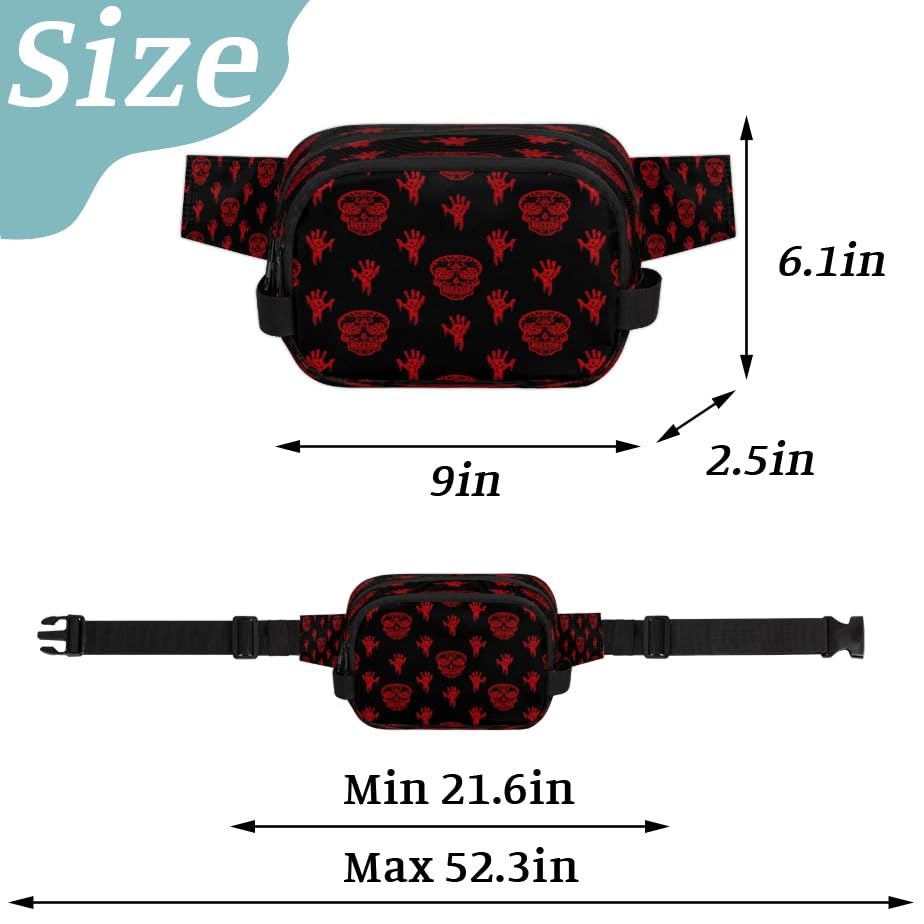 Hand Painted Skull Hand Bones Waterproof Fanny Pack for Women Men Adjustable Waist Bag with Double Zipper Pockets Lightweight Square Hip Pack for Running Travel Hiking Workout Cycling