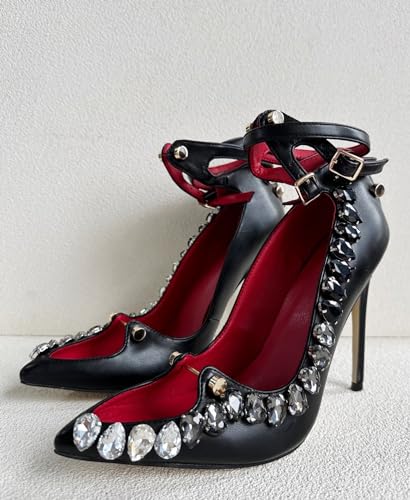 Frankie Hsu Ladies Sexy Elegant Stiletto High Heeled Pumps, Lovely Black Crystal Rhinestone Gem Stone Lovely Red Style, Big Large Size US4-14 Dressy Shoes for Women Men3