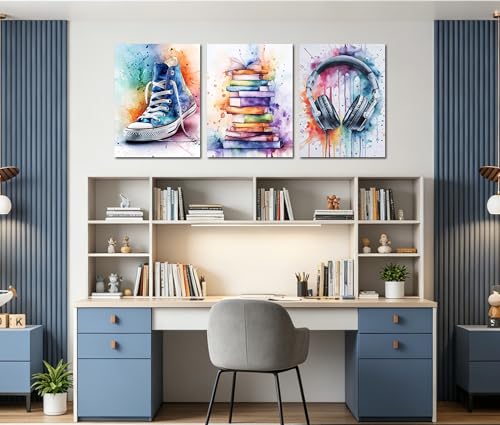 Image of Frimeeme 3Pcs Headphones Books Sneakers Print Poster, 12x16 inches