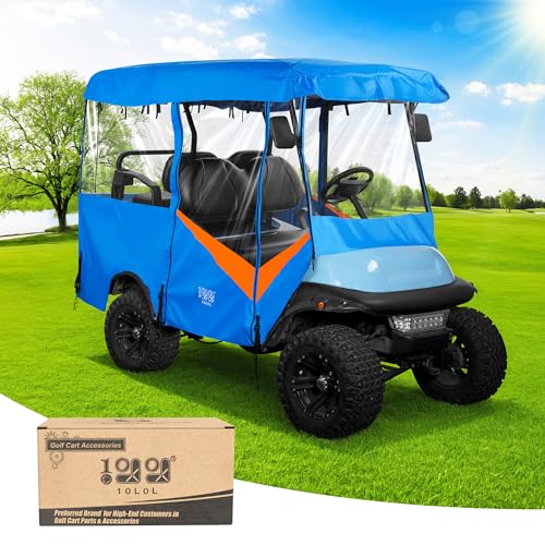 10L0L Universal Golf Cart Enclosure – Fits Yamaha, EZGO & Club Car (4-Passenger) – Waterproof 600D Polyester Cover – Windproof Design – 4-Side Clear Windows (Blue & Orange)
