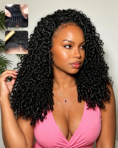 sterly Burmese Curly Half Wig Human Hair Wear and Go Glueless Flip Over Half Wigs For Black Women Drawstring Beginner Friendly No Glue No Sew 3 In 1 Wig With Spiral Curly Ends 180% Density 16inch
