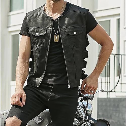 XUNRYAN Mens Faux-Leather Motorcycle Vest Sleeveless Casual Western Cowboy Vintage Riding Biker Vests w Pockets Winter Coat2