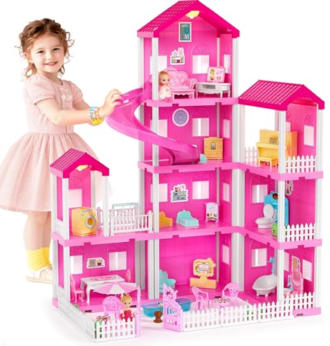 vamei 4 Étages Maison de Poupée pour Enfants avec 9 Pièces et Meubles de Maison, DIY Maison Poupee avec Poupe Meubles Accessoires, Jeux de Simulation Jouets Cadeau pour Filles âgés de 3 4 5 6 Ans