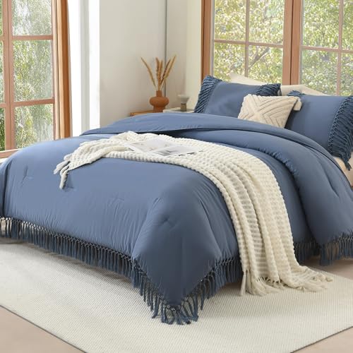 Image of Andency Comforter Full Size Set Bluish Grey, Boho Lightweight Vintage Soft Bedding Comforter Sets, 3 Pieces Bed Set (79x90In Comforter & 2 Pillowcases)