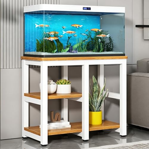 Soporte para Pecera, Soportes para Acuarios de 3 Niveles, Soporte para Terrario con Estructura de Acero, Fácil de Limpiar, Mueble Acuario para Oficina(White+Oak,90x45x70cm)