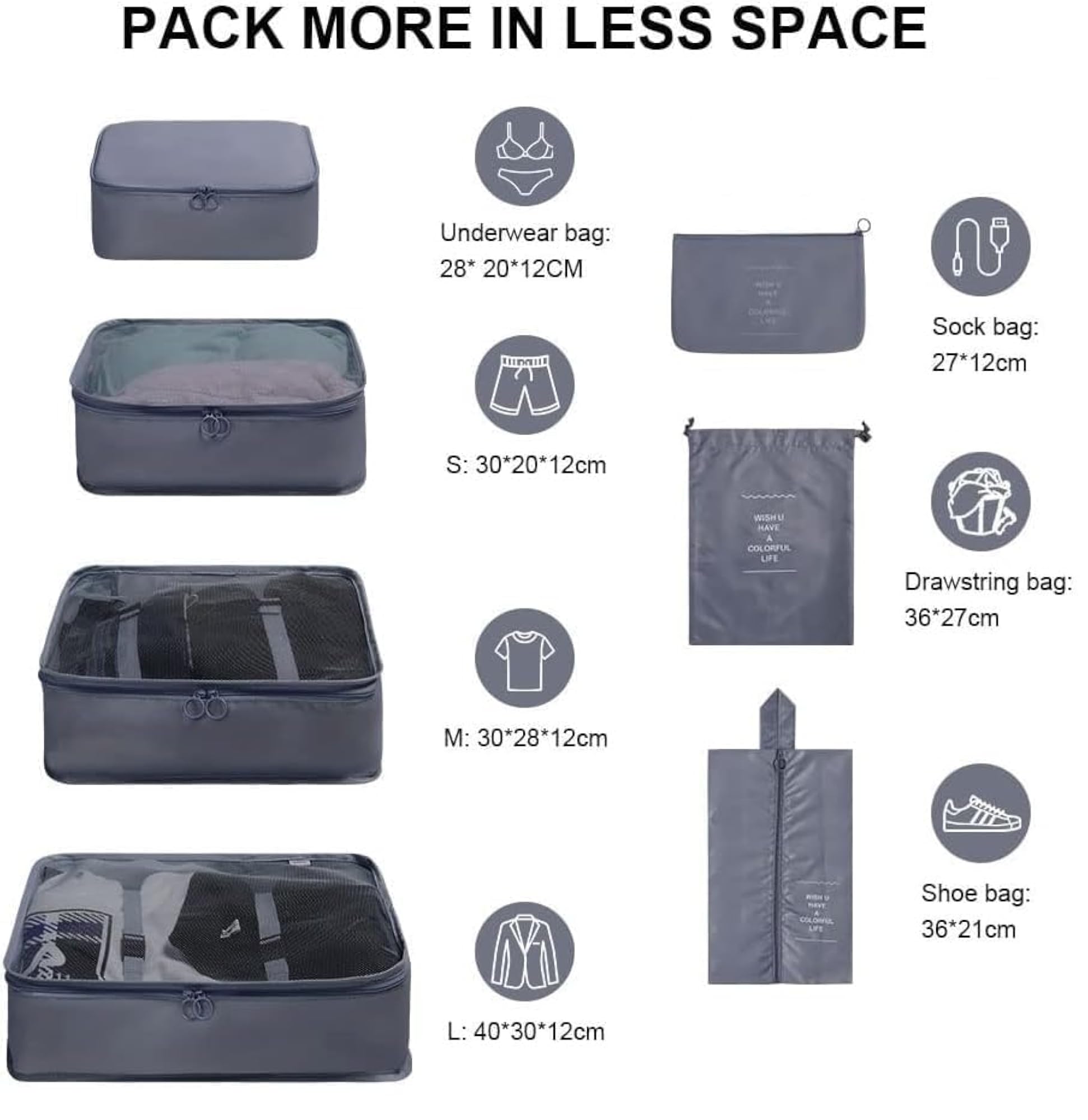 7pcs Set Travel Packing Cubes Luggage Organizers