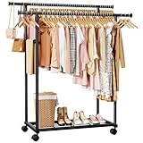 Sakugi kleiderständer auf rollen - Doppel-Kleiderstange mit eingebautem Netzboden, Robuster Garderobenständer für Schlafzimmer, Waschküche, Kleidergeschäft, 98 x 42 x 150 cm, Schwarz