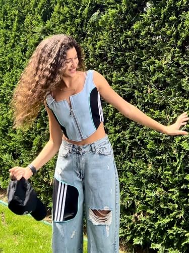 Mandonce Straight Leg Jeans Casual Jeans Spliced Ripped Jeans High Waisted Wide Leg Jeans for Women3