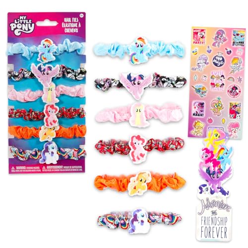 My Little Pony Hair Scrunchies for Girls Set - Bundle with 6 MLP Elastic Hair Accessories Plus Stickers, More | My Little Pony Hair Ties for Girls, Kids