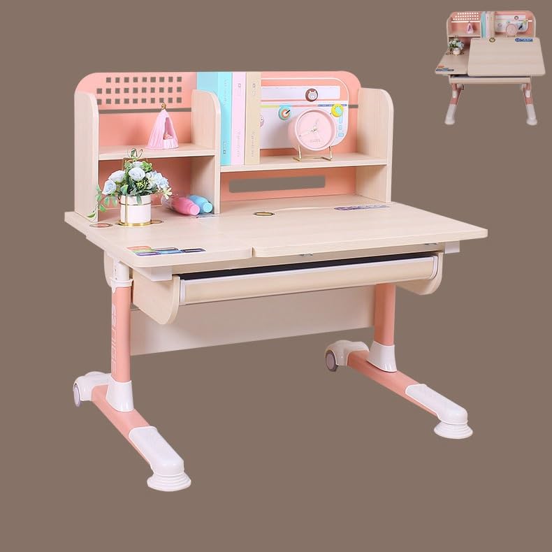 LAITEGOG Pupitre Infantil con Altura Ajustable - Pupitre con Tablero de Mesa Inclinable Cajón y Estantería for Libros 100x70x90-111 cm(Pink)