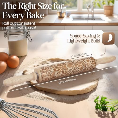 Image of Flexzion Embossed Rolling Pins with Patterns for Baking, 7.7-inch Engraved Wooden Rolling Pin with Snowflake Flower Pattern Rolling Pin for Baking Pastry Pizza Dough Fondant Cookie Pie Crust Pasta