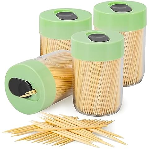 Urbanstrive Sturdy Safe Toothpick Holder with 1600 Natural Wood Toothpicks for Teeth Cleaning, Unique Home Design Decoration, 4 Pack, Green Cover