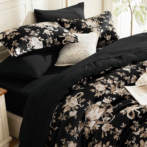 Image of Andency Floral Comforter Set Full Size, 7 Pieces Black Flower Lightweight Bedding Set for All Seasons, Soft Vintage Bed in a Bag with Comforter, Sheets, Pillowcases & Shams