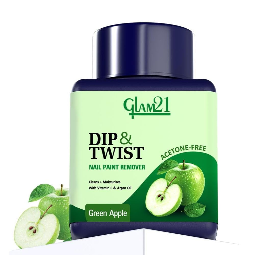 Glam21 Dip & Twist Nail Polish Remover – Acetone-Free, Argan Oil & Vitamin E Infused, Quick Twist-Off Cleaner with Soft Sponge for Nourished, Healthy Nails | 80ml (Green Apple)