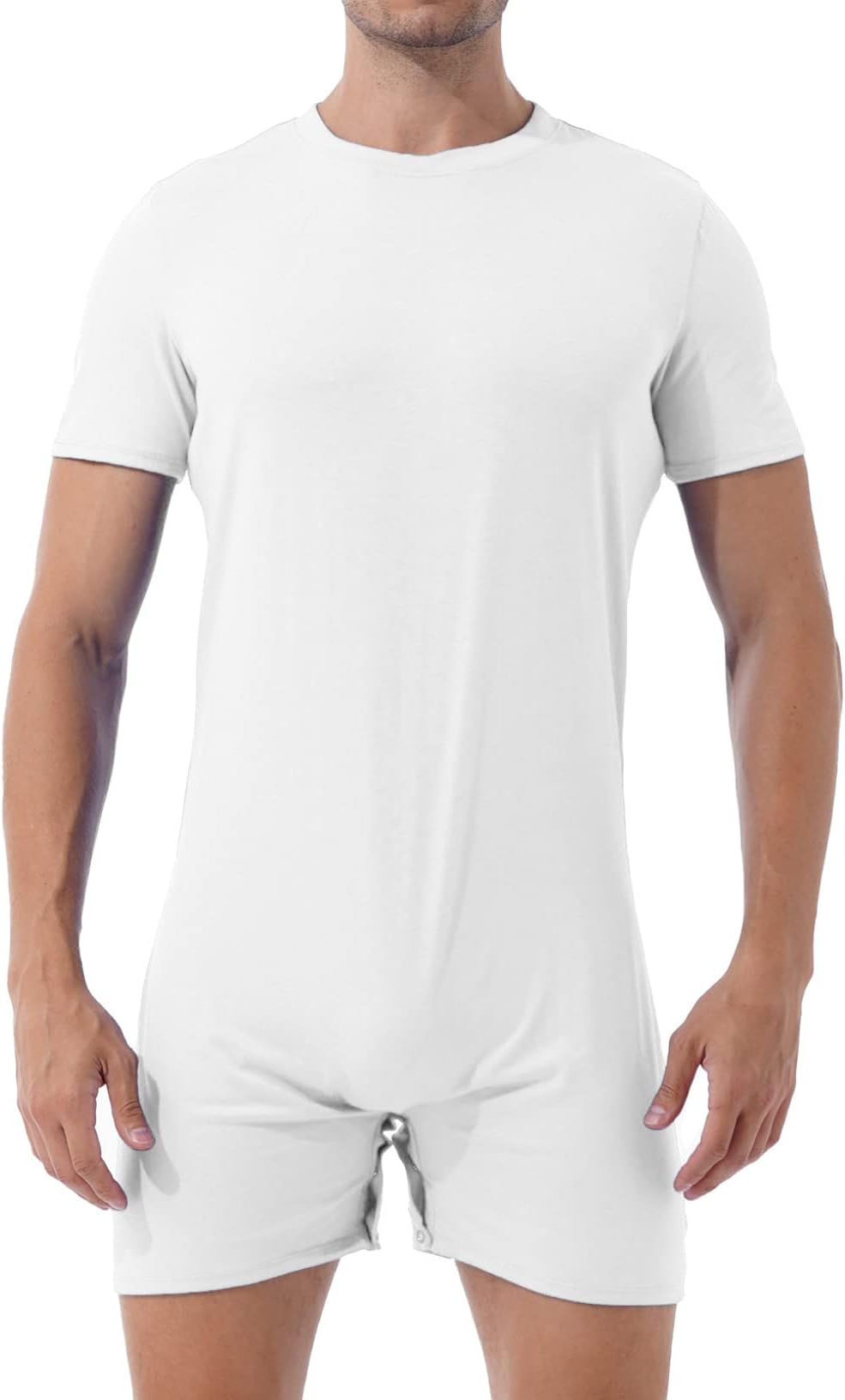 Mens One Piece Short Sleeve Press Button Crotch Boxer Rompers Workout Sports Exercise Bodysuit