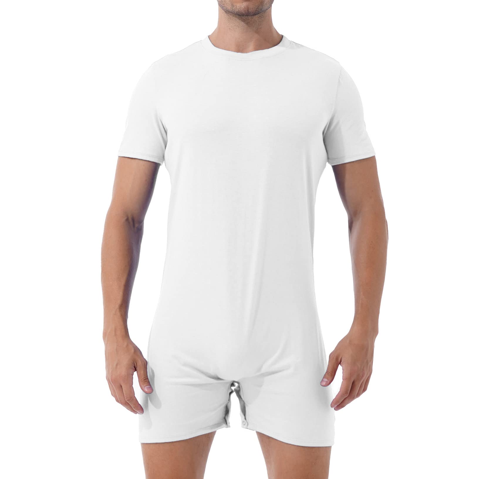 Mens One Piece Short Sleeve Press Button Crotch Boxer Rompers Workout Sports Exercise Bodysuit