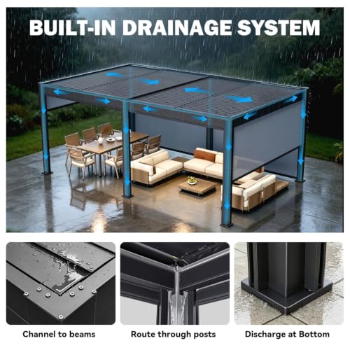 Image of MELLCOM Motorized Louvered Pergola 12x20, Solar & Electric Powered with LED Lights and 6 Side Screens, Aluminum Adjustable Louvered Roof, Weatherproof Outdoor Shelter