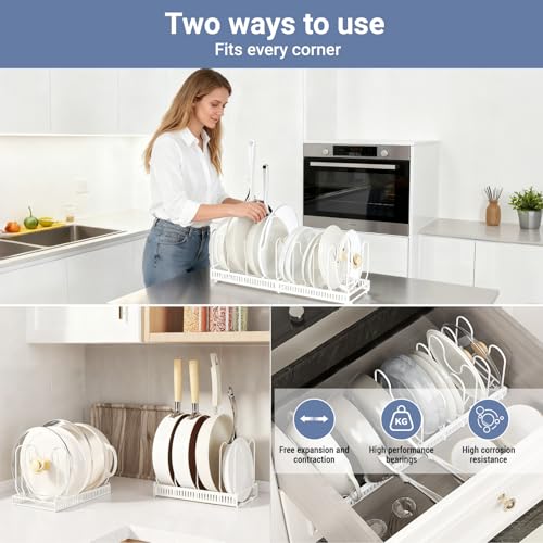 ZxrFxr Adjustable Pots and Pans Organiser: Expandable Pans Organiser Rack Storage and Pan Lid Holder with 10 Dividers and Non Slip Feet for Housewife Kitchen Use (White) - Image 2