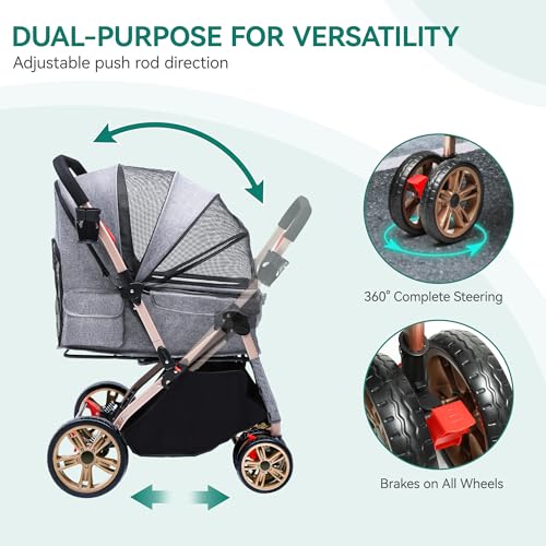 YITAHOME Hundebuggy Hundewagen klappbar für Hunde & Katzen, Haustierbuggy bis 22 kg mit umkehrbarem Griff, Netzfenstern, Getränkehalter, 360° drehbare EVA-Räder mit Bremsen (Grau)