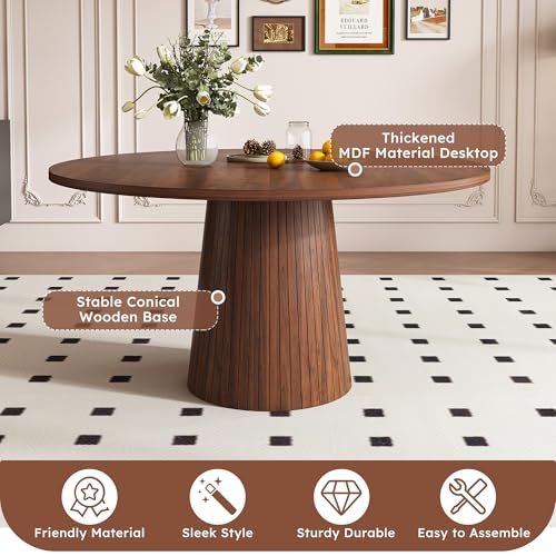 Image of Modern Round Dining Table, 47 inch Walnut Round Kitchen Table with Wood Grain Tabletop & Fluted Strip Base, Space Saving Circle Dining Table Seats 4-6, Ideal for Dining Room, Living Room, Small Space
