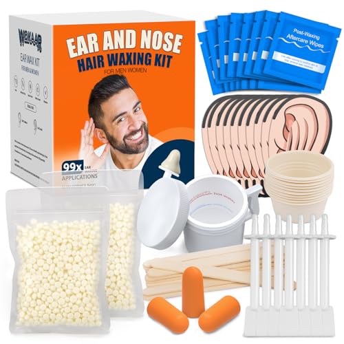 Wokaar Ear Hair Removal Kit for Nose and Eyebrow | 100 g Wax 30 Sticks | Nose Wax Kit for Men and Women | Includes Balm Wipes Earplugs Ear Protectors | Lasts up to 5 Weeks | No Microwave Needed