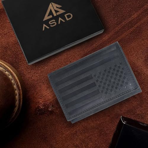Image of ASAD Leather Slim Everyday Trifold Wallet with ID Window and Multiple Card Slots | Genuine Leather Double Stitched RFID Blocking Stylish | Gift for Him | Black Crazy Horse American Flag Design