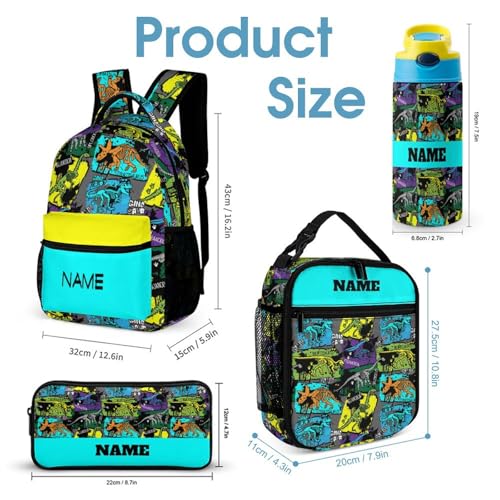Custom 4Pcs Backpack Set with Lunch Bag Pencil Case Kids Water Bottle Add Your Name Personalized School Book Bags Customization Colorful Dinosaur Skeleton Backpack for Girls Boys2