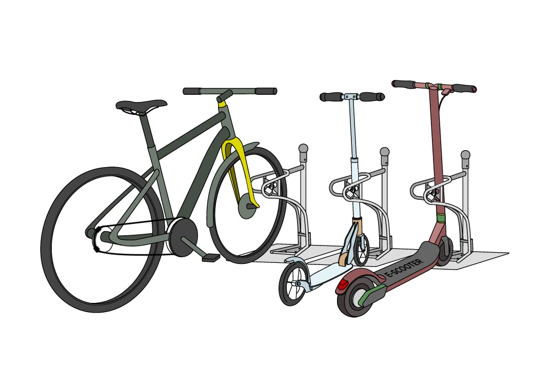 Cledo - Patinete y soporte para bicicletas. Un aparcamiento para todos. El primer elemento de estacionamiento donde se pueden aparcar patinetes, e-Scooter y bicicletas por igual