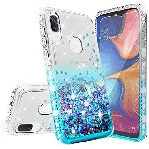 SOGA Compatible for Samsung Galaxy A20 Case, Galaxy A30 Case, with [Tempered Glass Screen Protector] Diamond Liquid Quicksand Cover Cute Girl Women Phone Case - Clear/Teal Cover