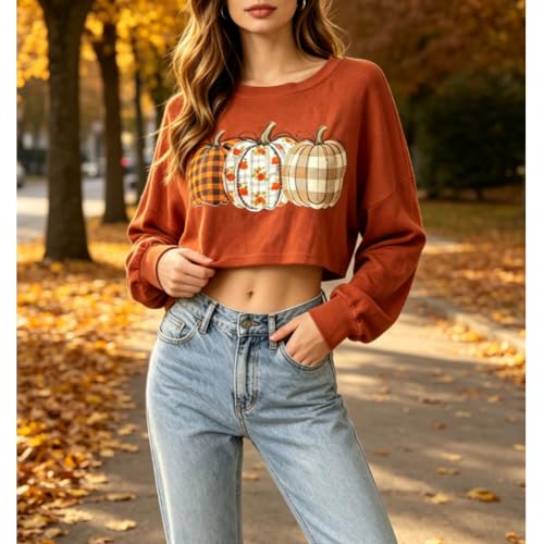 Womens Halloween Crop Long Sleeve Tshirt Fall Vintage Graphic Tee Loose Top - image 2