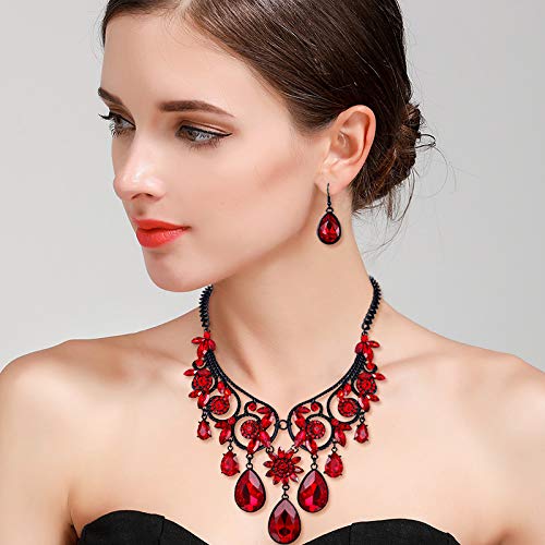 Brilove Women's Tribal Ethnic Crystal Chunky Statement Necklace Dangle Earrings Set Ruby Color Black-Silver-Tone #TOP1