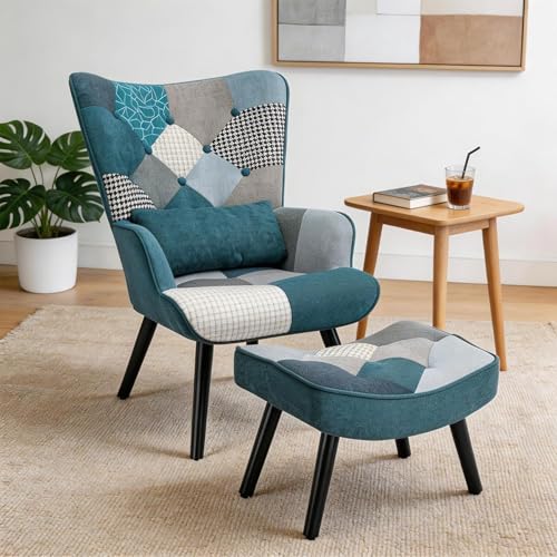 HomeMiYN Fauteuil Patchwork avec Repose Pied, Scandinave avec Support Lombaire, Fauteuil et Chaises pour Salon, Coin Lecture, Balcon, Bleu, Capacité de Charge...
